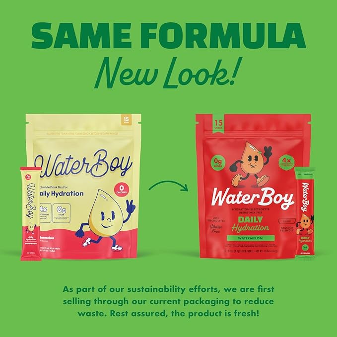 Waterboy Daily Hydration | 1,570mg Electrolyte Powder Packets | No Sugar, All Natural, Gluten Free, Zero Calories | 15 Drink Stick Mixes (Watermelon)