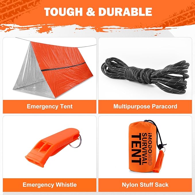 Emergency Survival Tent Life Shelter - 2 Person Mylar Emergency Shelter Tube Tent with Emergency Whistle & Paracord, All-Weather Essential Survival Gear for Camping, Hiking & Survival Kits