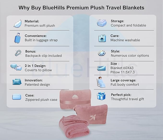 BlueHills 2 Pack Travel Blanket Pillow in Mini Soft Case Premium Plush Airplane Blankets Soft Bag Compact with Luggage Belt and Backpack Clip Small Traveling Pillows Lightweight Accessories - Pink M22