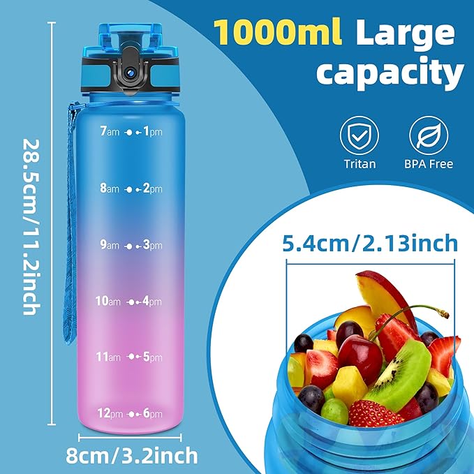 OLDLEY 32 oz Water Bottle, Motivational Water Bottle with Time Marker, Sports Water Bottle With Strap, Leakproof & BPA Free Large Water Bottles for School, Gym, Travel, Outdoor, Tritan,Blue&Purple