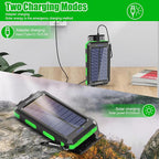 Solar Charger Power Bank, 20000mAh Portable Outdoor Waterproof Solar Battery Charger, Camping External Backup Battery Pack USB C Ports Input/Output, 2 Led Light Flashlight with Compass (Green)