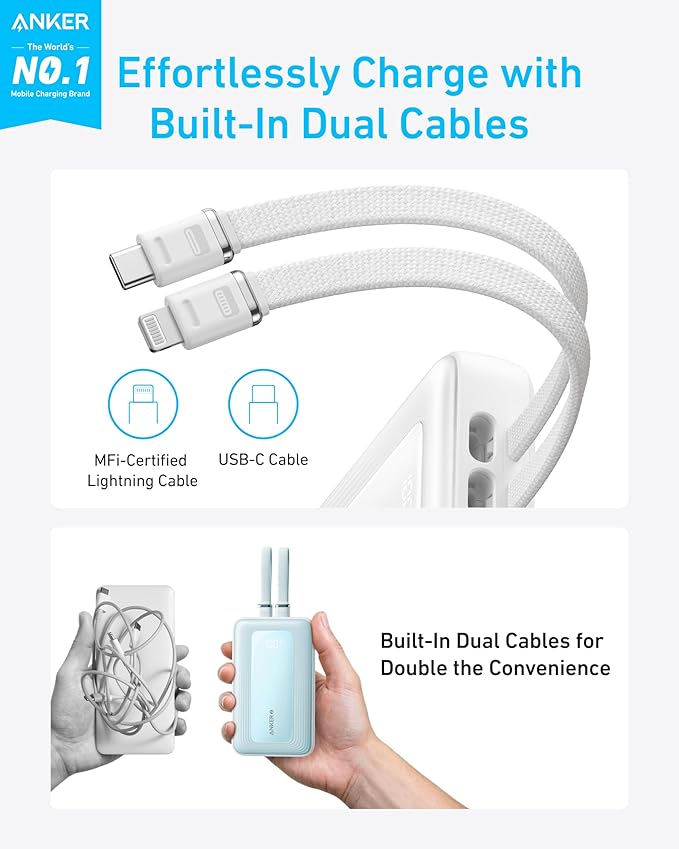 Anker Power Bank, 20,000mAh 30W Max Fast Portable Charger with Built-in USB-C and MFi Certified Lightning Cables, USB-C&A, Battery Pack for iPhone 17/16/15/14 Series, MacBook, Galaxy