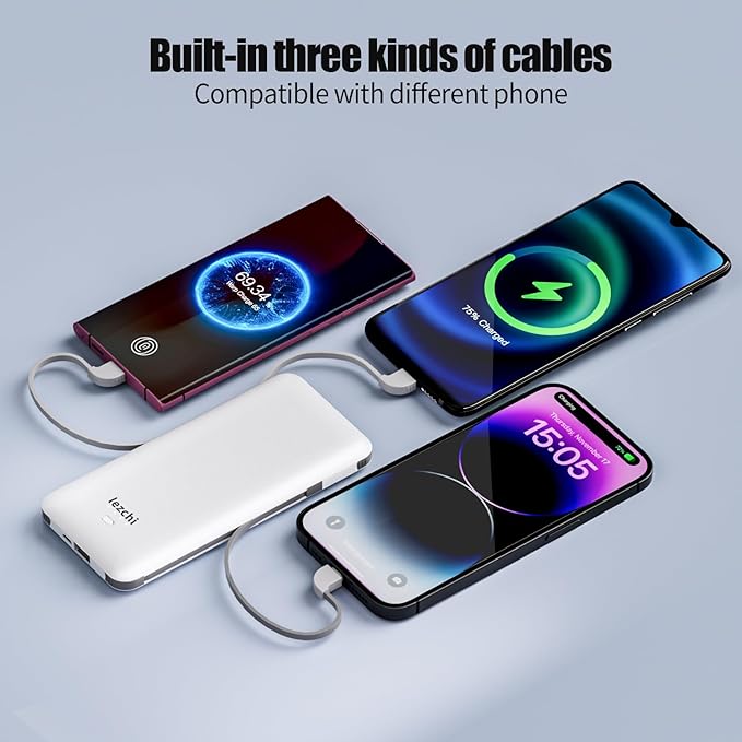 Portable Power Bank, Ultra Slim 10000mAh Portable Charger, USB C External Battery Pack with Built-in AC Plug, Charging Cable, Output Port, Compatible with All Kinds of Cellphones …