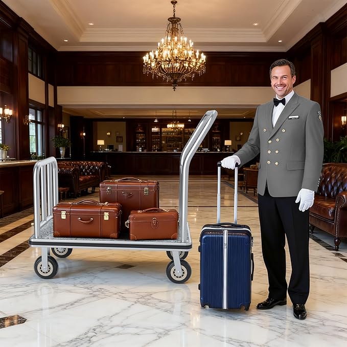Heavy Duty Luggage Cart - 8" Wheels with Brackets Commercial Grade Hotel Luggage Trolley Deluxe Rectangular Steel Bellman Cart with Platform