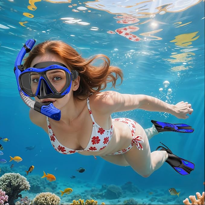 Snorkeling Gear for Adults Men Women, 3 in 1 Snorkel Set with Panoramic View Diving Mask Anti-Fog Anti-Leak, Snorkel Mask Dry Top Snorkel Fins for Swimming, Snorkeling and Travel Diving