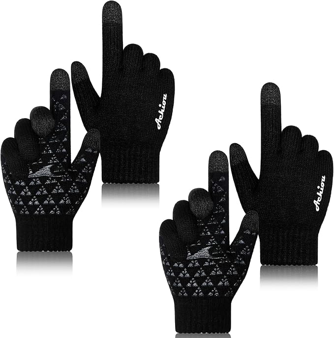 Achiou Winter Gloves for Men Women, 2 Pairs Touch Screen Texting Warm Running Gloves Thermal Soft Knit Lining, Elastic Cuff