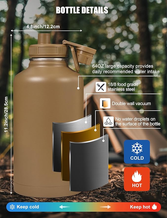 Tactical Half Gallon Water Bottle with Straw, 64 oz Insulated Water Jug with Molle Sleeve, Stainless Steel Sport Bottle with 3 BPA Free Lids for Gym Workout Hiking (Brown, 64OZ)