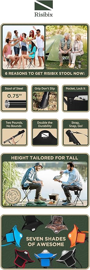 Foldable Tripod Stool - Ultra Portable Seat for Tall People, 20” High - Hunting Chair & Hidden Zippered Pocket - 2 lb Camping Stool, 3 Legged Strong Steel Stool Holds up to 200 lb (Black)