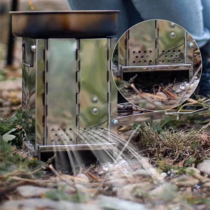 Portable Wood Burning Camp Stove with Grill - Folding, Backpacking, Box Stove with Fire Blowing Stick and Carrying Bag