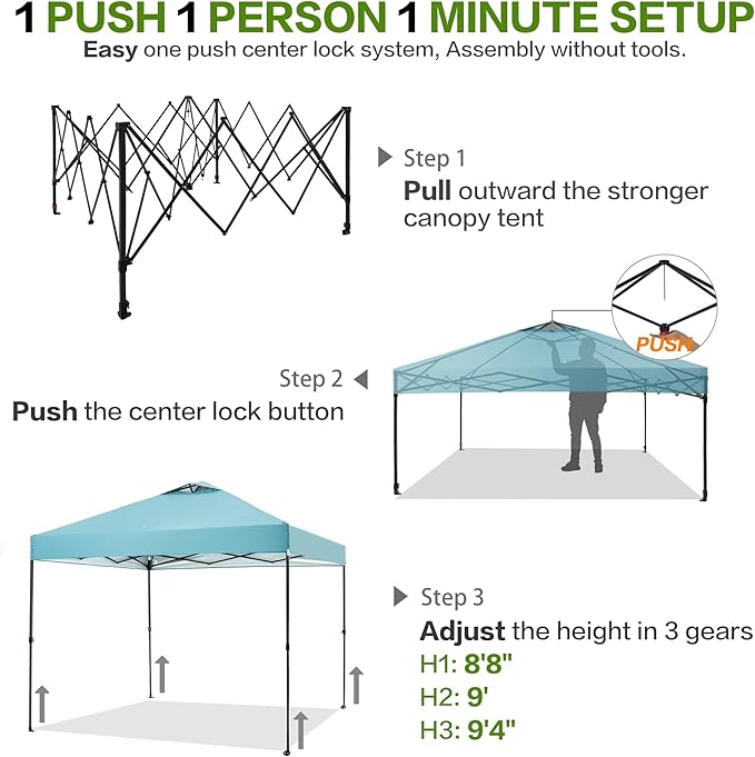 10'x10' Pop Up Canopy Tent with 1 Sidewall and 6 Pockets, One Push Setup, Instant Shade Tent with Vented Roof for Beach Patio Outdoor, Case, 8 Stakes, 4 Ropes, 4 Sandbags (Cyan, 10x10)