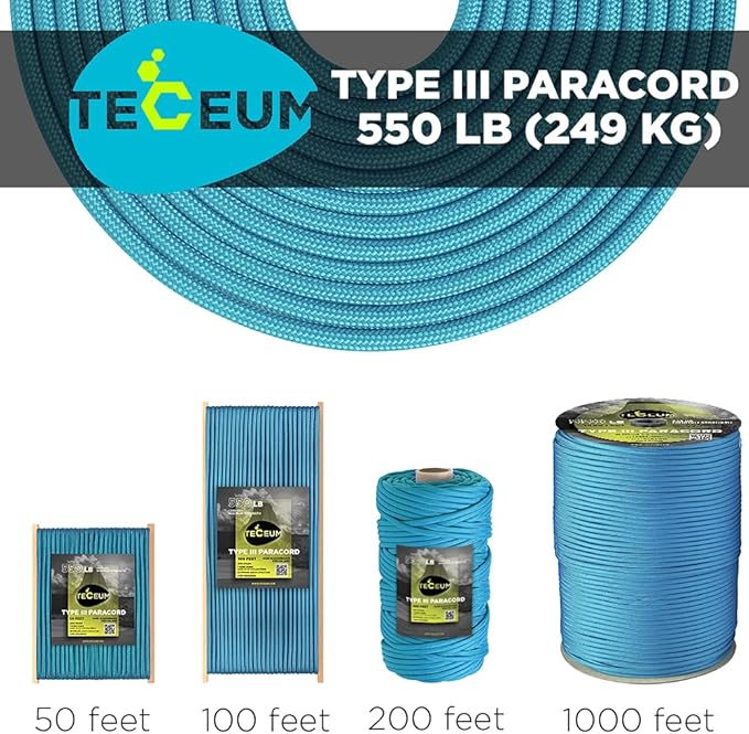 TECEUM 5/32" Paracord Rope 1000 – 1000ft / 200ft / 100ft / 50ft – Tactical Parachute Cord 4mm – 45+ Colors – Nylon String for Survival & Camping Gear – Stripe Cord for Survival – Utility Rope