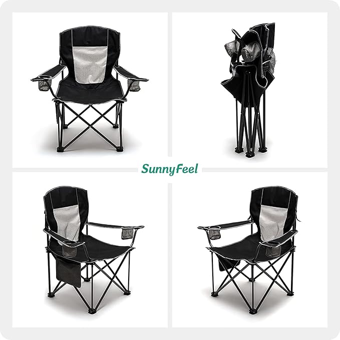 SUNNYFEEL Oversized Folding Camping Chair 2 Pack 500 LBS Heavy Duty Lawn Chairs for Adults Black Portable Folding with Armrest, Cup Holder, Pocket ＆Bag for Outdoor Camping/Beach/Travel/Picnic/Fishing