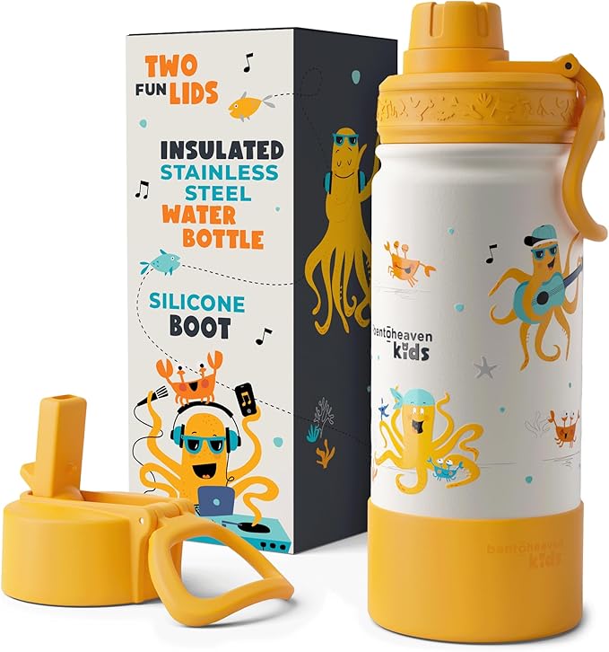 Bentoheaven Kids Water Bottle Stainless Steel for Boys & Girls, 2 Lids (Chug & Straw), Handle & Silicone Boot, Reusable Metal Leak-proof Insulated Tumbler, School & Sports 17oz (Orange)