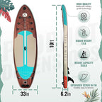 Crew Axel Inflatable Paddle Board 10’33’6” Extra Wide & Lightweight (18lb) Paddle Board – Premium SUP Set Includes 2 Bags, Floating Paddle, Camera Mount, 3 Fins, Dual Pump Kit