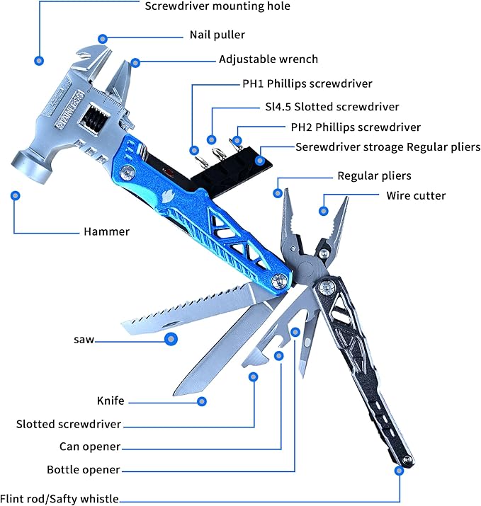 18-in-1 Multipurpose Tool Kit, Survival Camping Gear & Fishing Gifts for Dad - Multitool with Hammer, Pliers, Screwdriver and Pocket Knife for Men