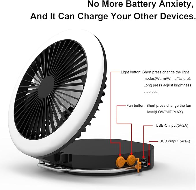 Portable Travel Fan Light, Rechargeable 12000mAh Camping Light, with Carring Bag, Silent Max 24 Hours Endurance, 2000LM 3 Lights Modes 2700K/4000K/6500K, for Vacation Outdoor Tent Light Camping