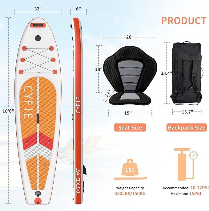 CYFIE 10'6''Inflatable Stand Up Paddle Board, Paddle Boards with Premium SUP Paddle Board Accessories, Removable Kayak Seat and Camera Mount for Yoga, Kayaking, Surf, Fishing