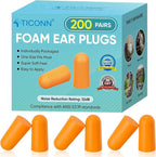 TICONN 200 Pairs Foam Ear Plugs, Individually Wrapped 32dB NRR Noise Reduction Earplugs for Sleeping Hearing Protection Travel Study Concentration Construction Site (200 Pairs)