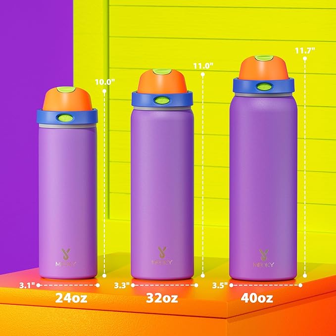 24 oz Insulated Water Bottle for Women: Meoky Stainless Steel Metal Water Bottle with 2-in-1 Straw and Spout Lid - Leak Proof, Cold for 24 Hours, Protective Silicone Base, BPA-Free for School, Violet
