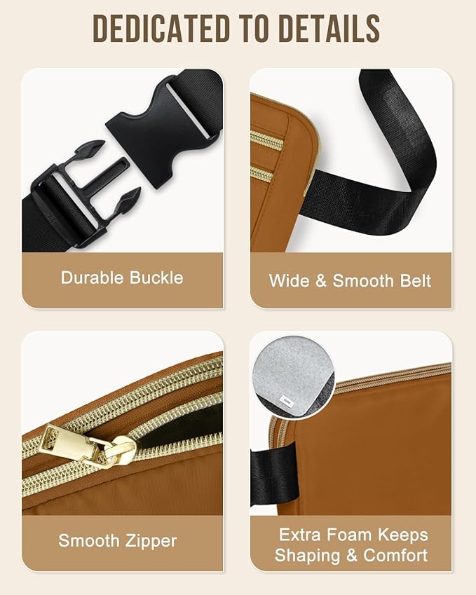 Capolo Fanny Packs for Women Fashion Waist Packs Bag with Adjustable Strap and 4 Zipper Pockets Waterproof Everywhere Crossbody Belt Bag for Workout Running Travelling(Brown, Large)
