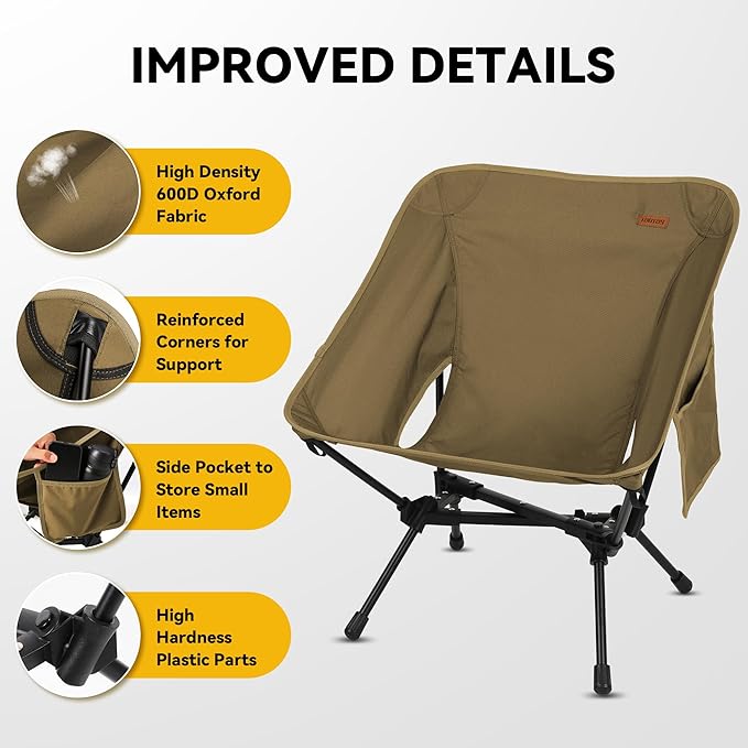 TOBTOS Portable Camping Chair, Support up to 330 LBS, Lightweight Folding Backpacking Chair for Outdoor Camp, Travel, Beach, Picnic, Hiking, Backpacking (Khaki)