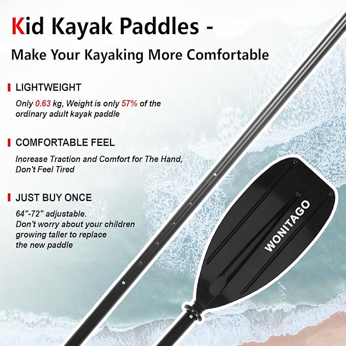 Kayak Paddles for Kid with Aluminum Shaft and PP Blade, Floating Kayaking Oars for Youth and Junior, Adjustable 163-183cm/64-72 Inches