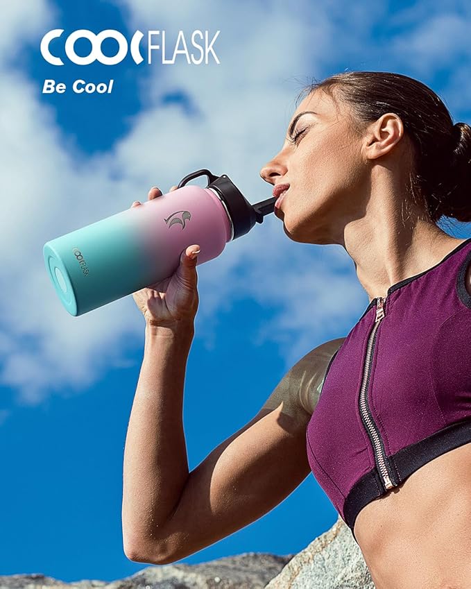 32 oz Insulated Water Bottle with Straw&3 Lids, Coolflask Stainless Steel Metal Flask Wide Mouth for Sports or Office, Non-BPA Keep Cold Up to 48 Hrs or Hot Up to 24 Hrs, Bubblegum Princess
