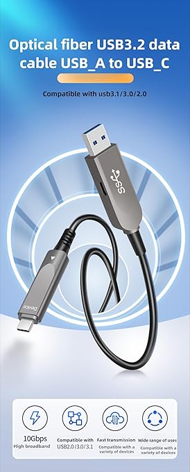 10ft/3m USB A to C Fiber Optic Data Cable, 10Gbps Long Distance Data Transfer USB 3.1 A to C, for VR, Camera, PC, Laptop, Webcam, Printer, Webcam etc.
