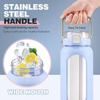 BLUEGO 64oz Water Bottle Glass with Stainless Steel Handle Large Water Bottle with Time Markers and Silicone Sleeve Half Gallon Water Jug BPA Free for Gym Daily Use, Blue