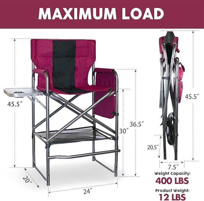 30" Tall Directors Chair with Side Table, 400LBS Bar Height Folding Camping Chair for Makeup Artists, Outdoor Events, Portable Foldable Chair with Cup Holder & footrest - Light Wine Red