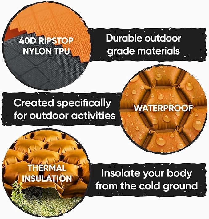 POWERLIX Double Inflatable Sleeping Pad - Camping Mattress for Backpacking, Hiking Traveling, Compact Camping Sleeping Mat for 2 Person, Portable Ultralight Camping Pad Air Mattress Orange