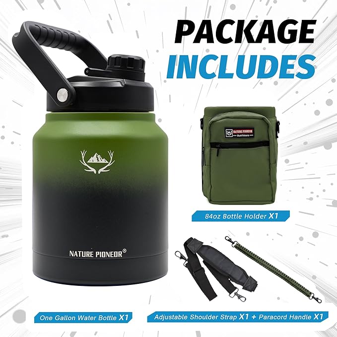 NATURE PIONEOR Insulated Water Bottles with Strap Pouch - 84 oz Stainless Steel Vacuum Bottle with Holder/Carrier/Sleeve - 18/8 Food Grade 84oz Water Jug