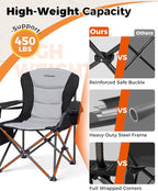 KingCamp Oversized Camping Folding Chair, Heavy Duty 450 LBS with Lumbar Support, Padded seat with Cup Holder&Cooler Bag, Ideal for Camp, Fishing, Sports Event, Backyard, Patio, Lawn