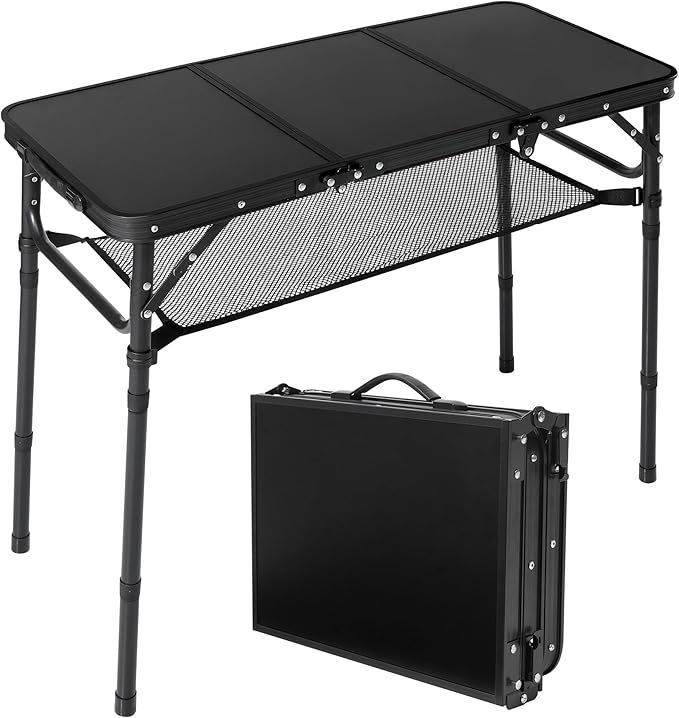 Folding Camping Table with Storage Net,3ft Portable Aluminum Picnic Table with 3 Adjustable Height Max 27.3 Inch for Outdoor Backyard BBQ Camp Cooking Tents Beach Indoor Bedroom（Black）
