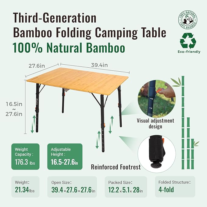 KingCamp Bamboo Folding Table, 4-Fold Camping Adjustable Height Portable Outdoor Lightweight & Compact Table with Aluminum Frame for RV Picnic BBQ Tailgating