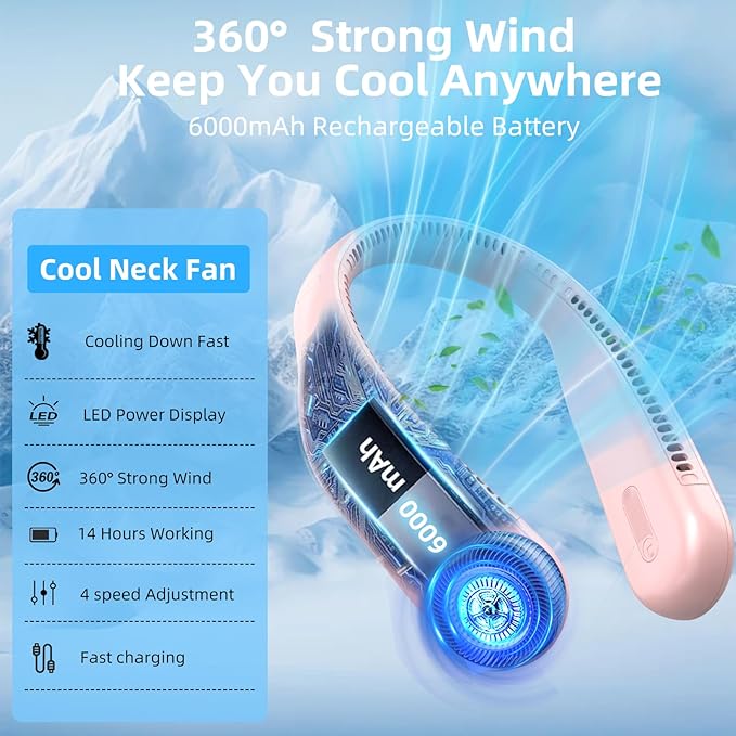 Portable Neck Fan,Hands Free Personal Wearable Bladeless Fan,6000mAh USB Rechargeable,360° Cooling,LED Display,4-Speeds,Birthday Gifts for Men Women Dad Mom,Outdoor Indoor Travel Camping (Pink)