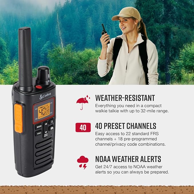 Cobra RX380 Walkie Talkies (2-Pack) – Weather Resistant Two Way Radios Long Range, 40 Pre-Programmed Channels, Weather Alerts, LED Flashlight, Long-Life NiMH Batteries (Black)