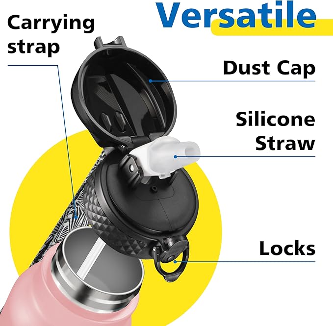 Han's Bottle Sports Water Bottle - 24 Oz, Straw Lid, Leak Proof, Vacuum Insulated Stainless Steel, Double Walled, Thermo Mug,Blush