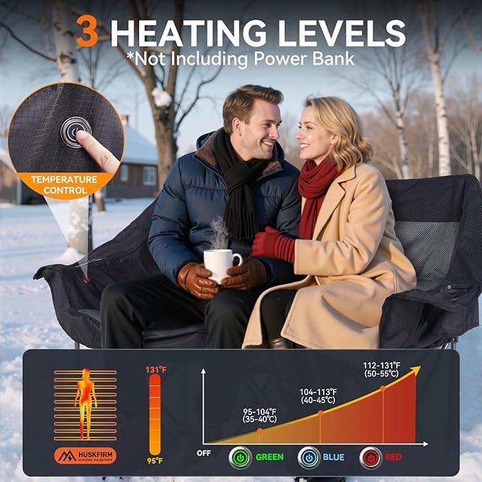 Heated Double Camping Chair, Heated Camping Chair with 3 Adjustable Temperatures and 4 Heating Zones,Portable Heated Chairs Outdoor Sports Support 650lbs（Battery Not Included）