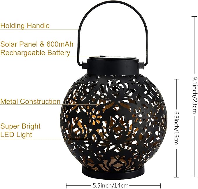 2 Pack Outdoor Solar Hanging Lantern Lights Metal LED Decorative Lamp for Garden Patio Courtyard Lawn and Table with Hollowed-Out Design (Black)