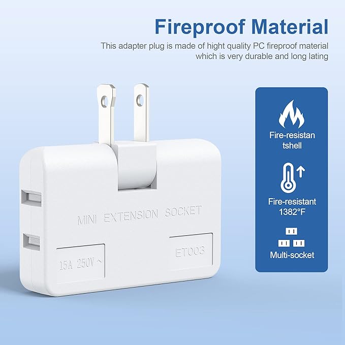 ETwinCoo 3 Way Flat Wall Outlet Extender Safe AC Adapter - 2-Prong Swivel Mini Indoor Wall Tap Plug, Outlet Splitter (Quick & Easy Install) Perfect for Home and Travel, Type A, White (3 Pack)