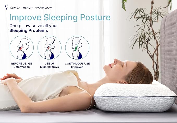Vaverto Gel Memory Foam Pillow - Standard Size, 1 Pack, Firm Pillow for Neck and Shoulder Support, Orthopedic, Firm, Cooling, Contoured Memory Foam Pillows for Back, Side, Stomach Sleepers