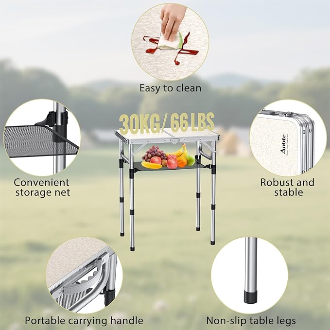 Folding Camping Table, Aluminum 24" x 16" Adjustable Height Small Folding Table with Carrying Handle, Lightweight, Portable Camping Table Waterproof for Outdoor Indoor Picnic Beach BBQ, Silver