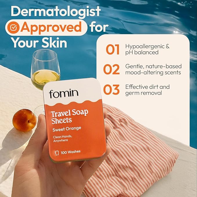 FOMIN - Antibacterial Paper Soap Sheets Tin for Traveling - (300 Sheets) Orange - Portable Travel Hand Soap Sheets, Dissolvable Mini Camping Hand Soap for Hand Washing