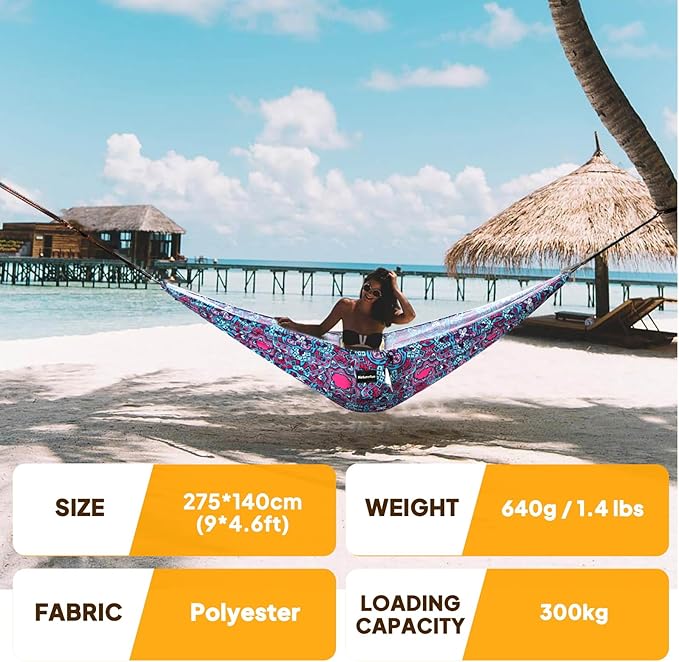 NATUREFUN Ultra-Light Travel Camping Hammock | 300kg Load Capacity,Breathable,Quick-Drying | 2 x Premium Carabiners,2 x Nylon Slings Included | Outdoor Indoor Garden