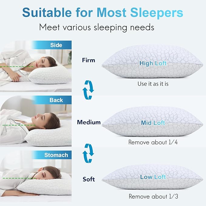Cooling Bed Pillows for Sleeping, Shredded Memory Foam Pillows 2 Pack, Gel Pillows Standard Size Set of 2, Support Yet Soft Adjustable Pillow for Side, Back Sleepers Home and Dorm Essentials for Deco