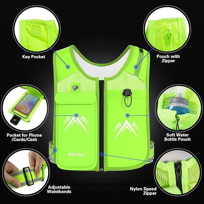 REVALI Zip Reflective Running Vests with Hydration Bottle, Adjustable Waistband & Breathable Material, Chest Pack Gear Phone Holder for Men & Women