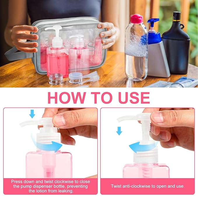 Domensi 12 Pcs 100ml /3.4 oz Pump Bottle Mini Travel Bottles Small Dispenser Containers Plastic Pump Lotion Dispenser Empty Square Travel Size Containers Toiletries (Transparent Pink)