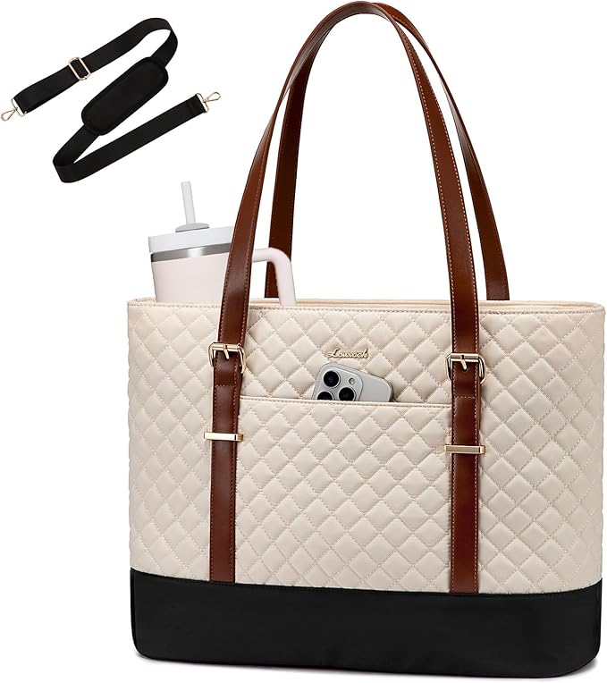 LOVEVOOK Laptop Bag for Women, Work Tote Computer Bag With Large Cup Holder, Lightweight Large Laptop Briefcase, Beige-Brown-Black, 17.3 Inch