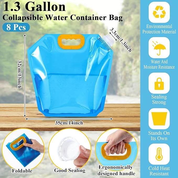 Tessco 8 Pcs for you 1.3 Gallon Collapsible Water Storage Bag Water Container Emergency Jug Plastic Storage Pouch Freezable Carrier Tank Foldable Bottle for Outdoor Sport Camping Hiking (Blue)